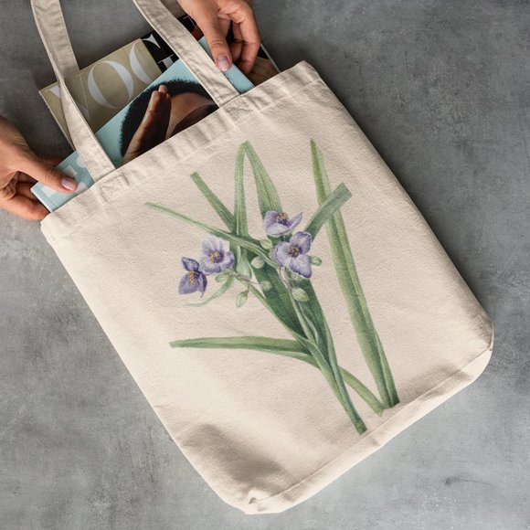 Virginia Spiderwort Vintage Watercolor Floral Print Graphic Canvas Tote Bag - Picture 2 of 5